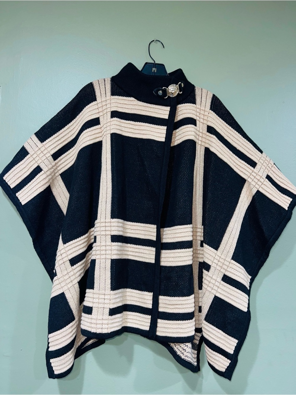 Anne Klein Black and Cream Striped Knit Poncho with Buckle Collar